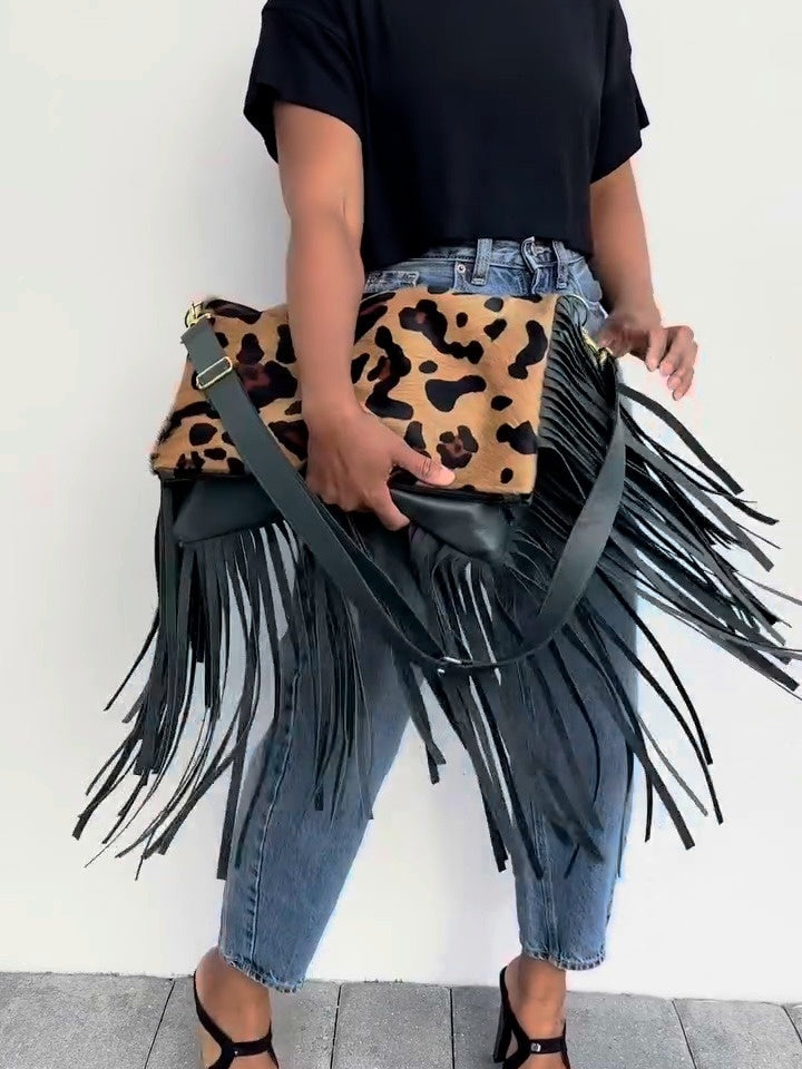 Large Fringe Leopard Print Fringe Bag