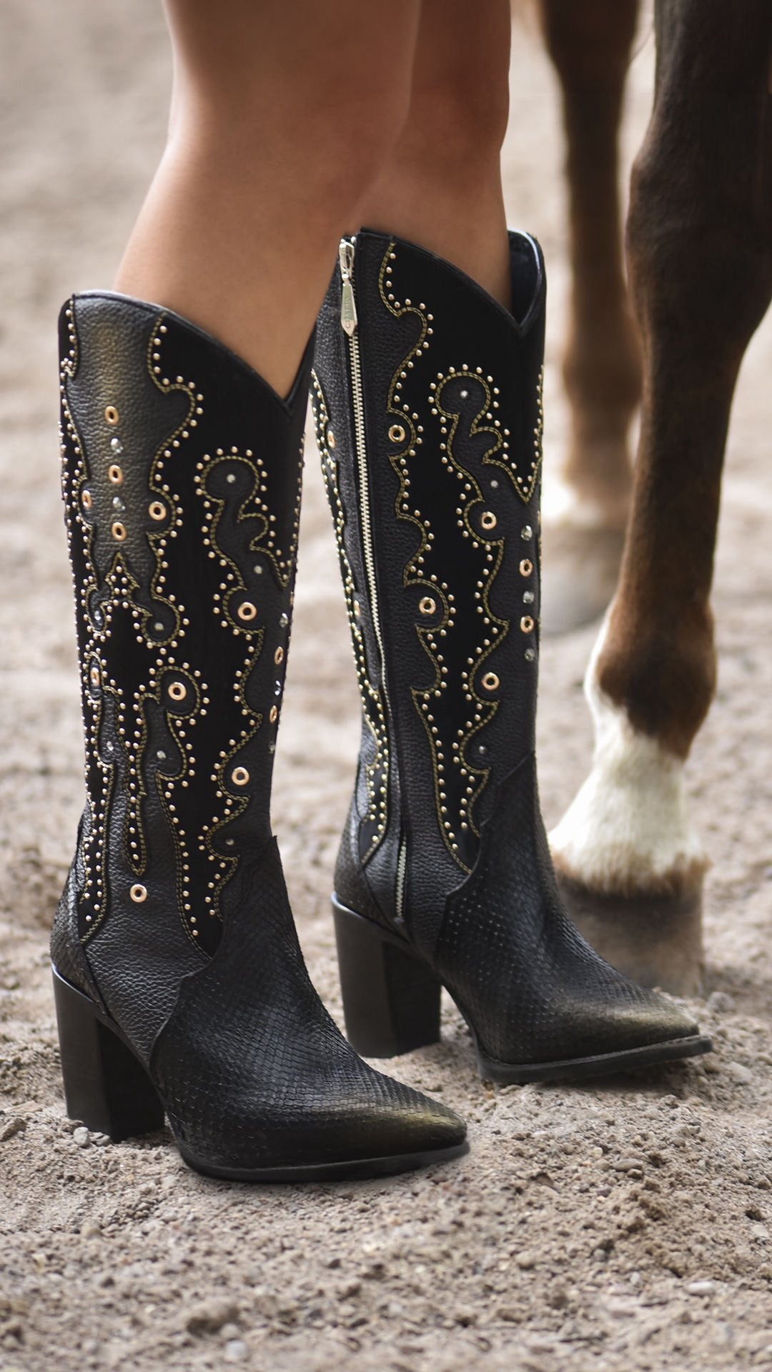 Tall Black Exotic Python Western Style Boots
