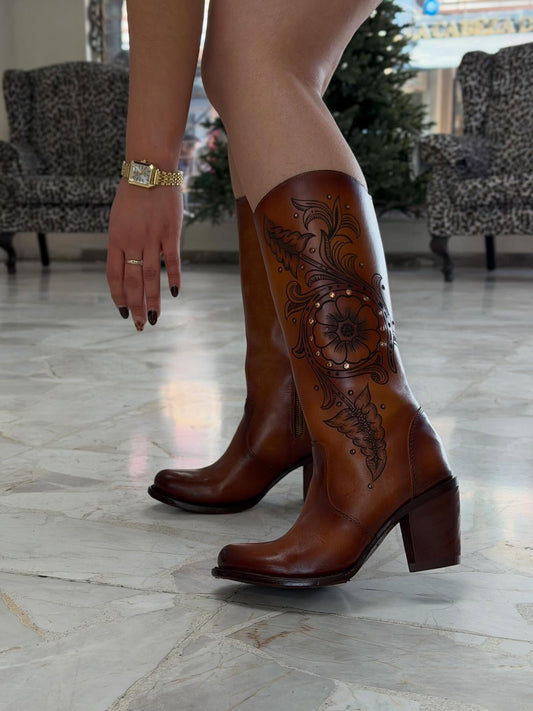 Hand-Carved Caramel Cowhide Boots