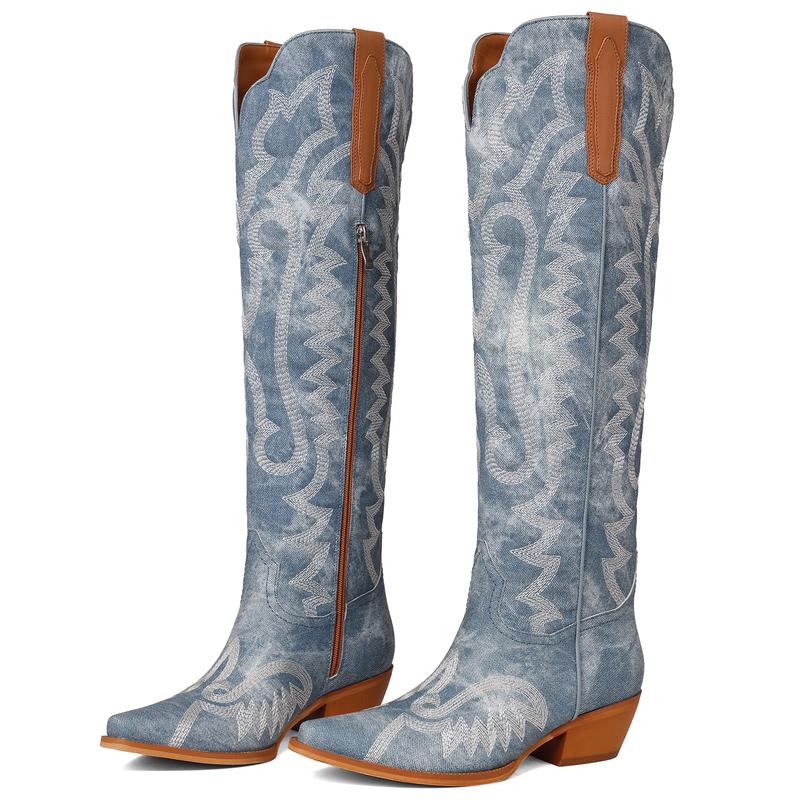 Piont-Toe Embroidered Western Cowgirl Chunky Heels Boots
