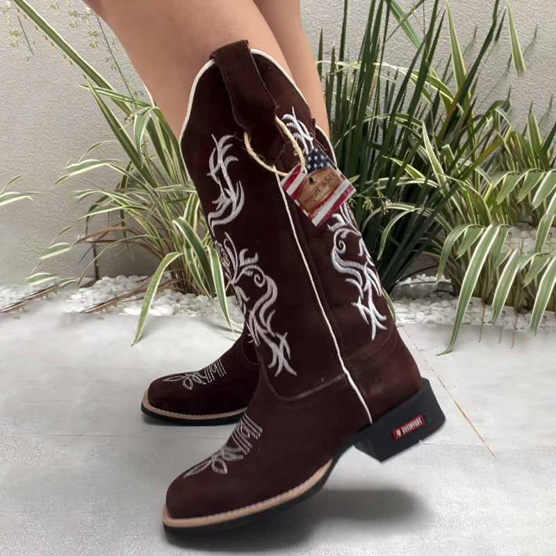 Embroidered Floral Square-Toe Boots