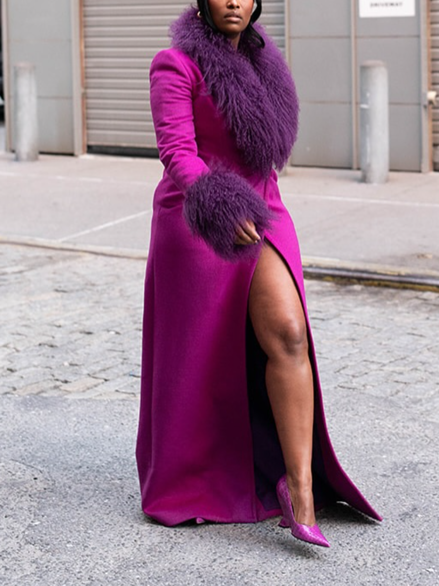 Plush Collar Solid Color Coat