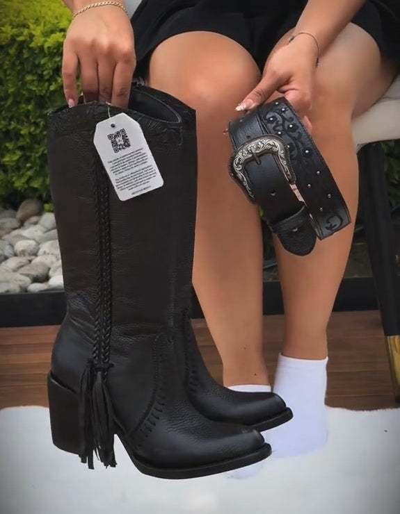 Hand-carved Floral Tassel High Boots