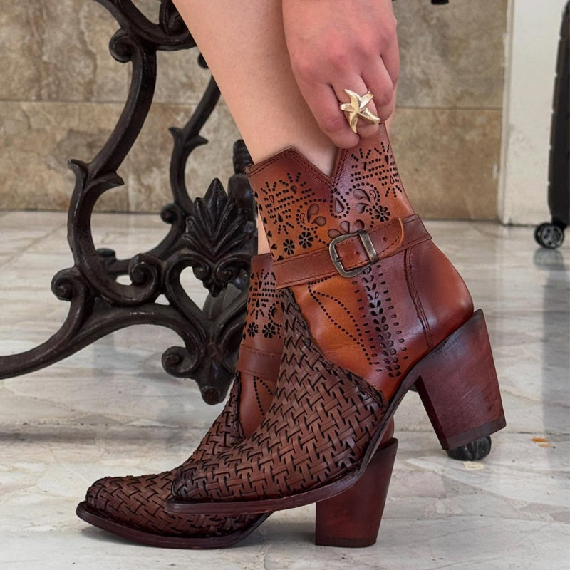 Buckle-Heel Hollow-Out Ankle Boots