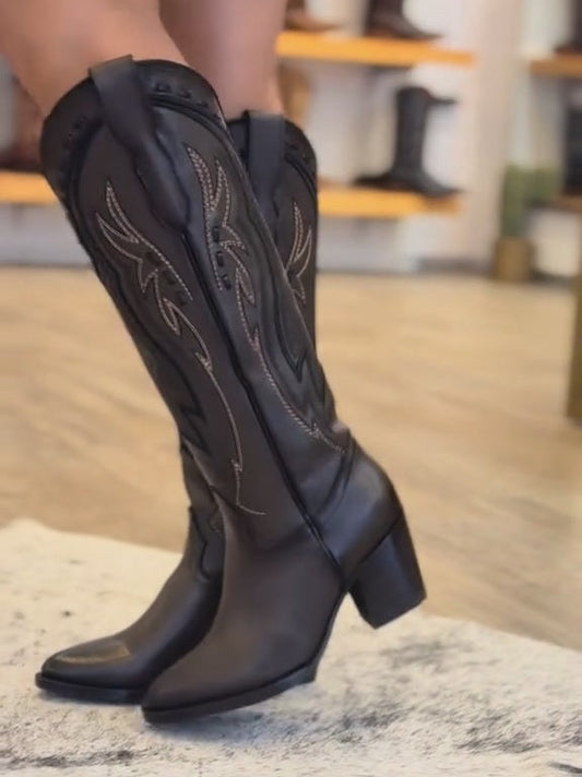 Black Cowhide Embroidered High-heeled Boots