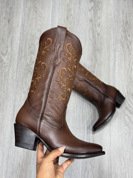 Floral Embroidered Cowhide High Boots