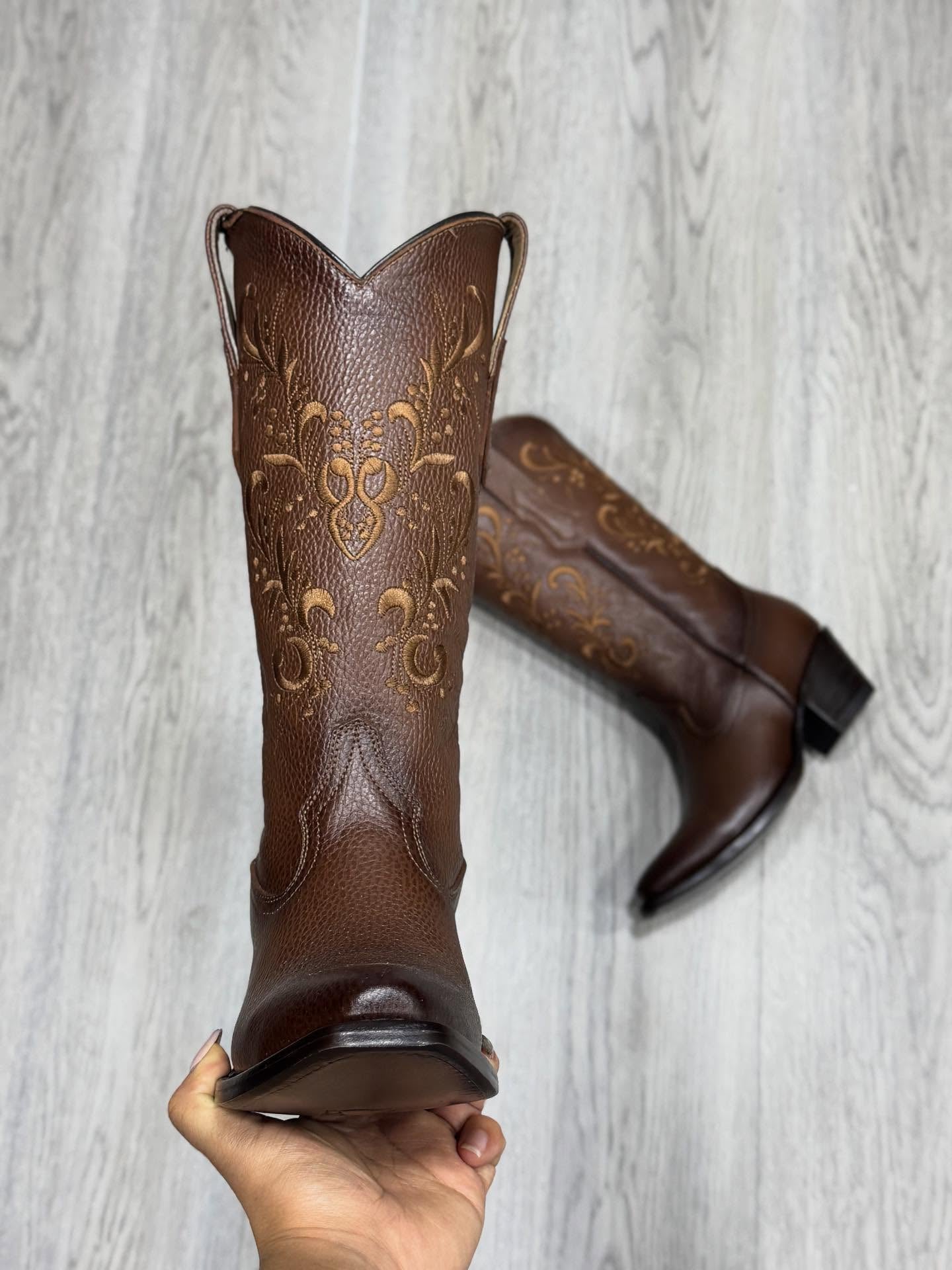 Floral Embroidered Cowhide High Boots