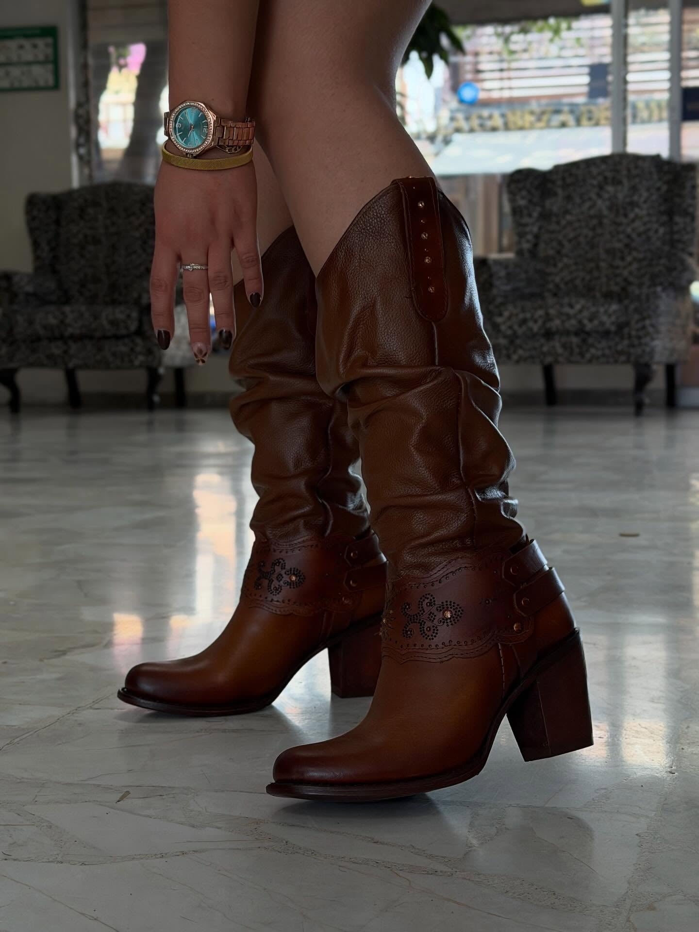 Vintage Cowhide Boots With Chunky Heels