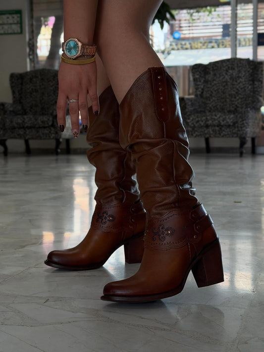 Vintage Cowhide Boots With Chunky Heels