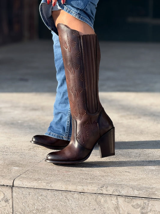 Vintage Cowhide Carved Knee Boots