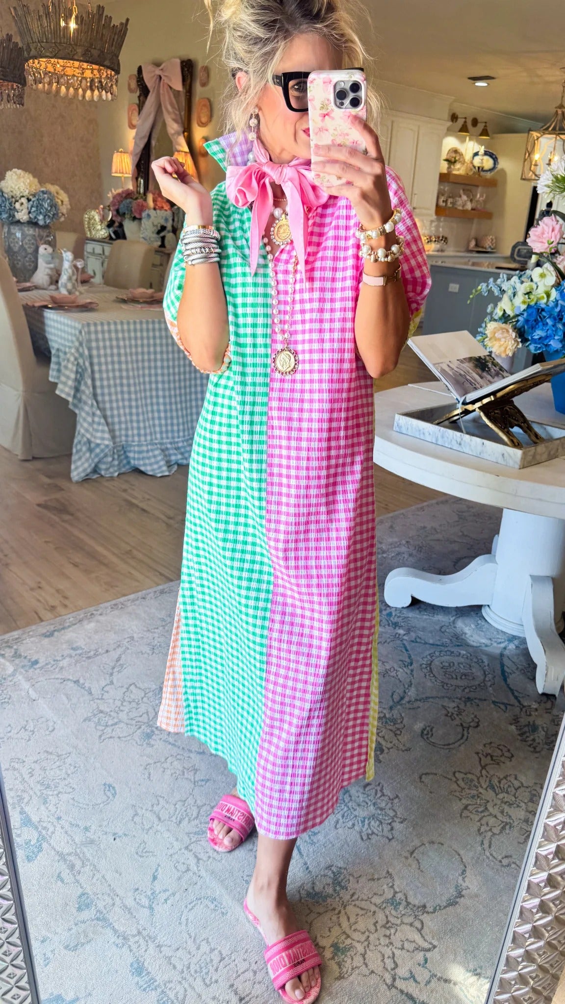 Multi Gingham Midi Dress