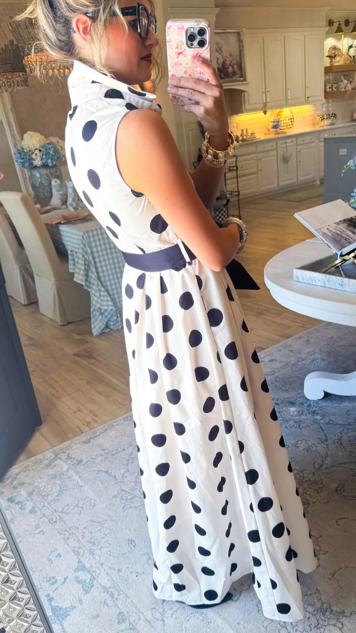 White and Black Polka Dot Belted Shirt Dress