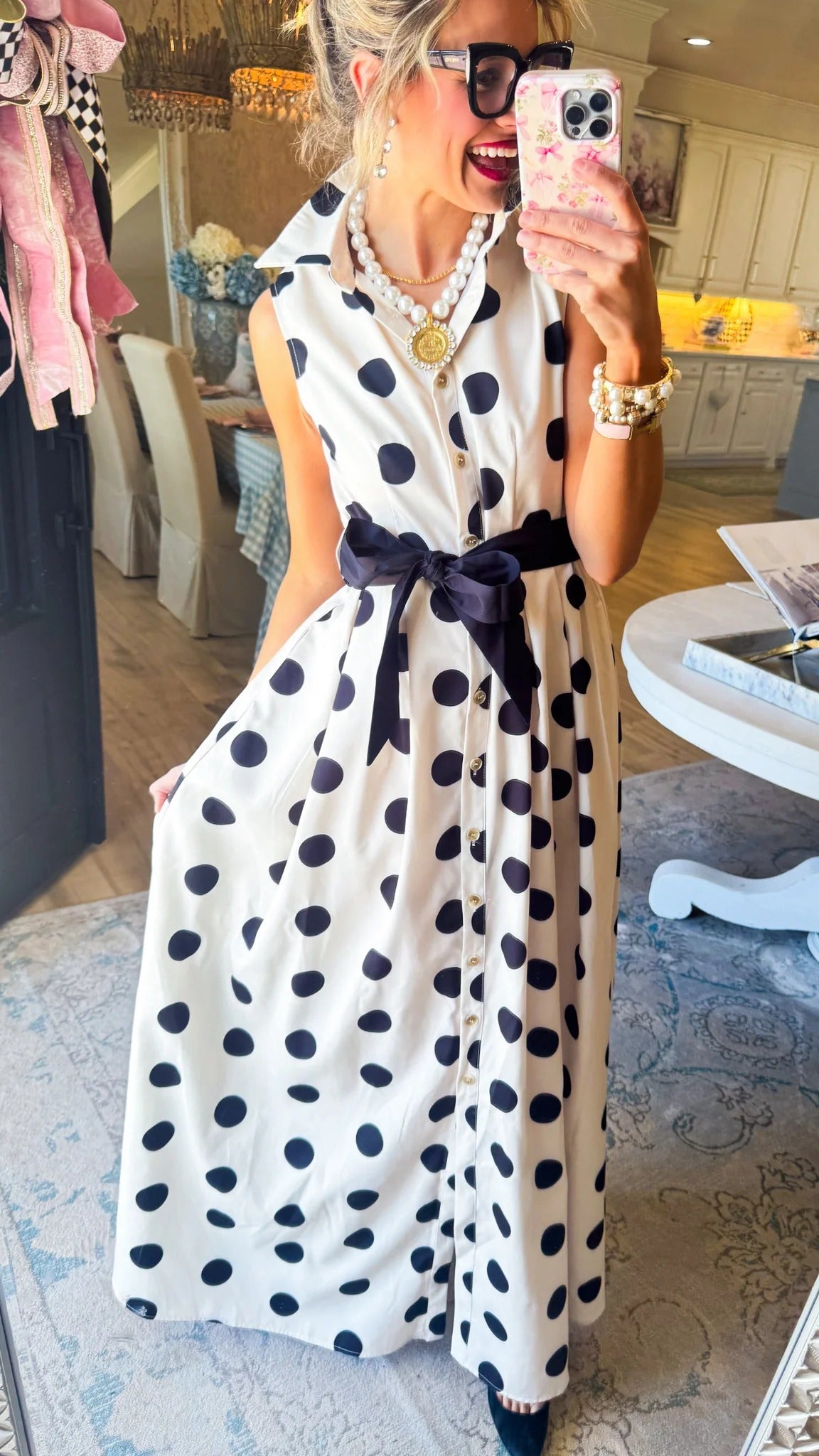 White and Black Polka Dot Belted Shirt Dress