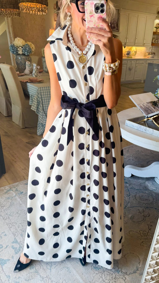 White and Black Polka Dot Belted Shirt Dress