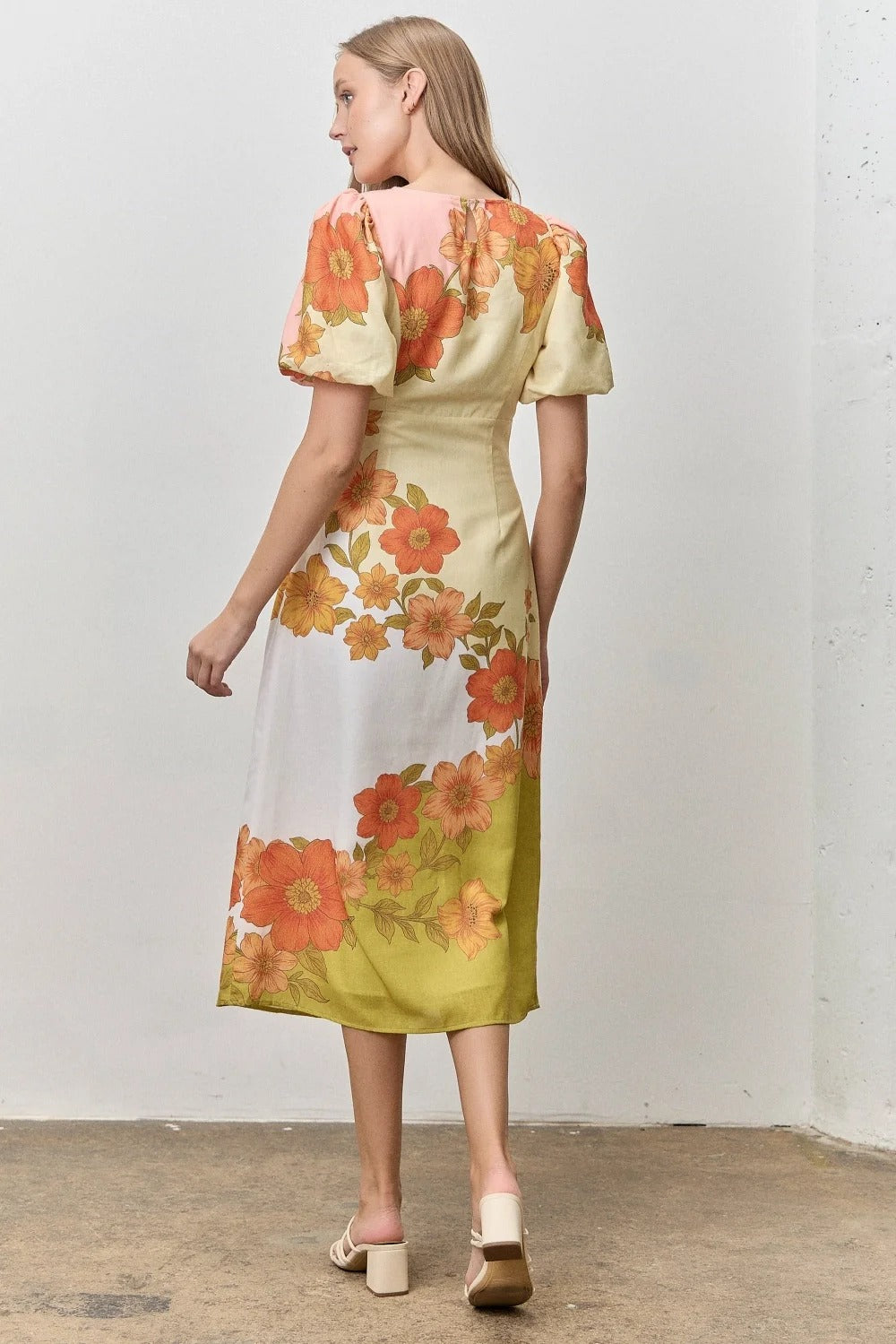 The Kinzie Floral Bubble Sleeve Midi Dress