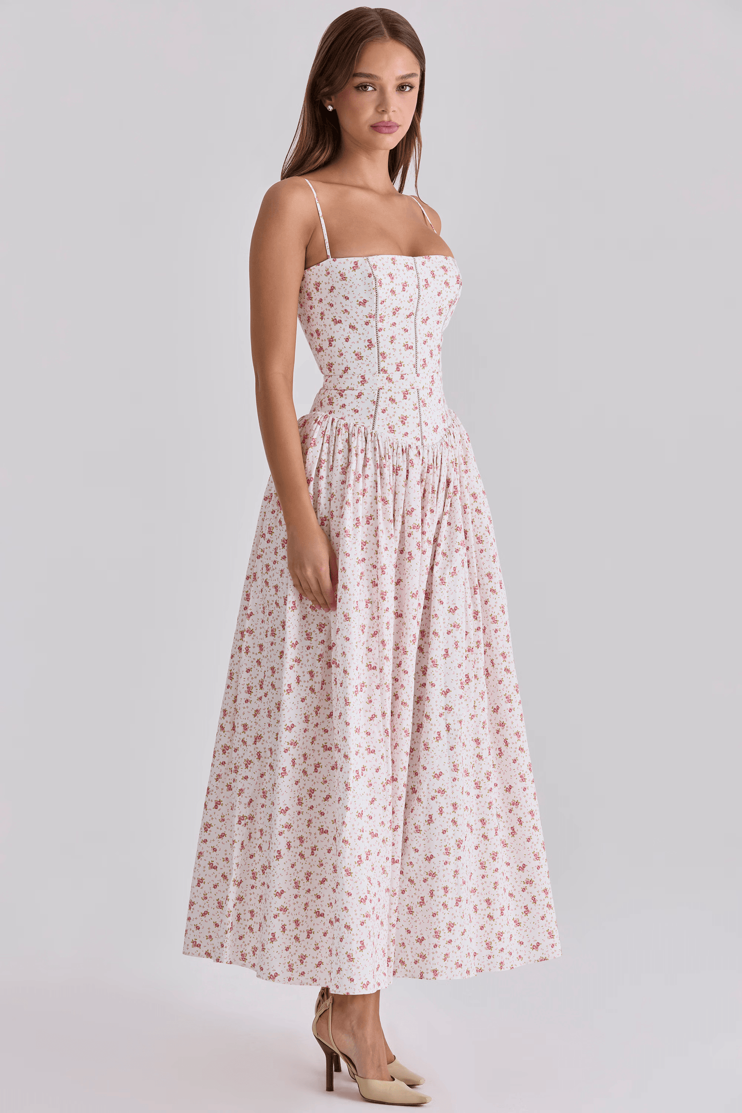 White Rose Print Cotton Midi Sundress