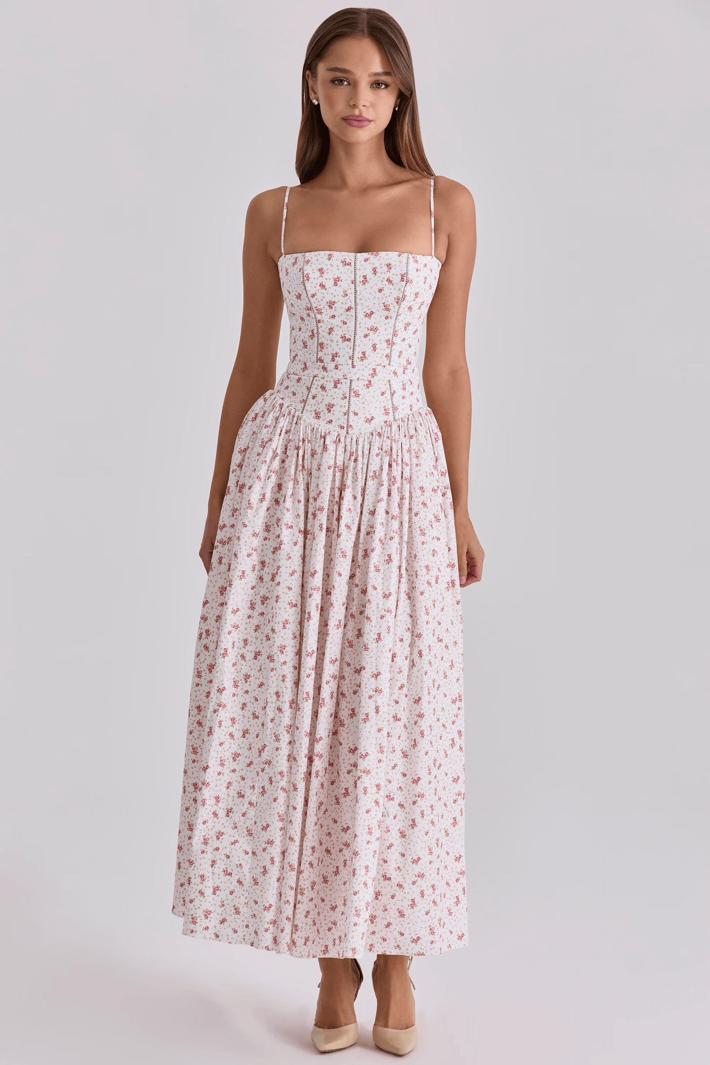 White Rose Print Cotton Midi Sundress