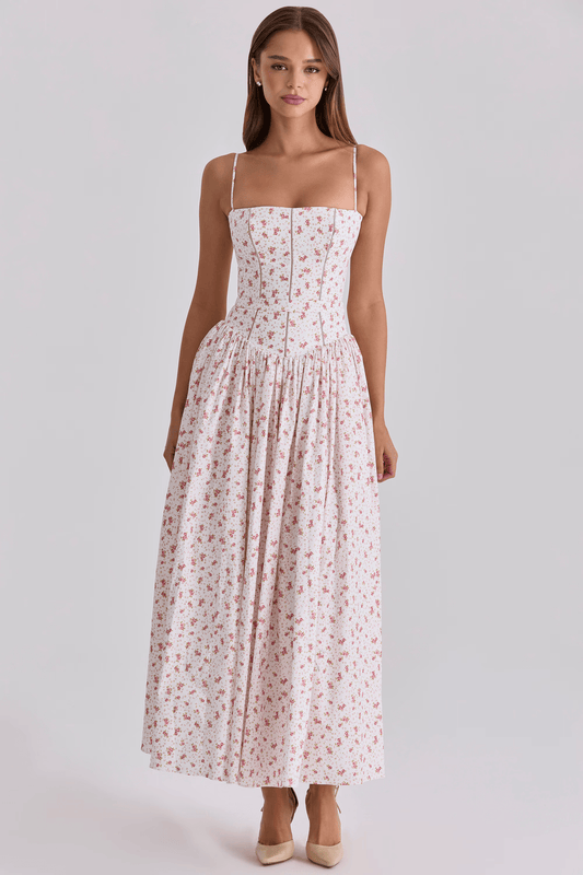 White Rose Print Cotton Midi Sundress