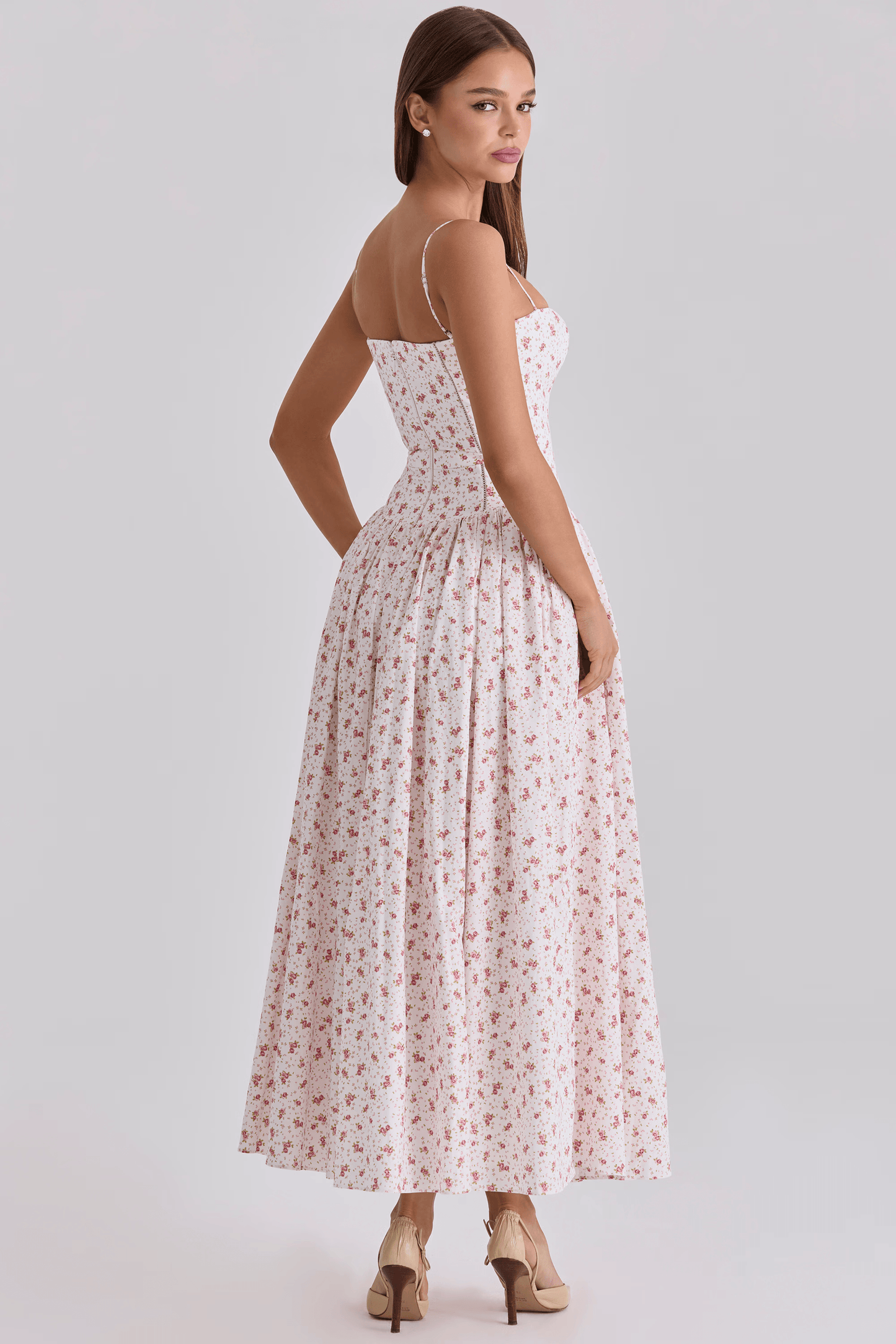 White Rose Print Cotton Midi Sundress