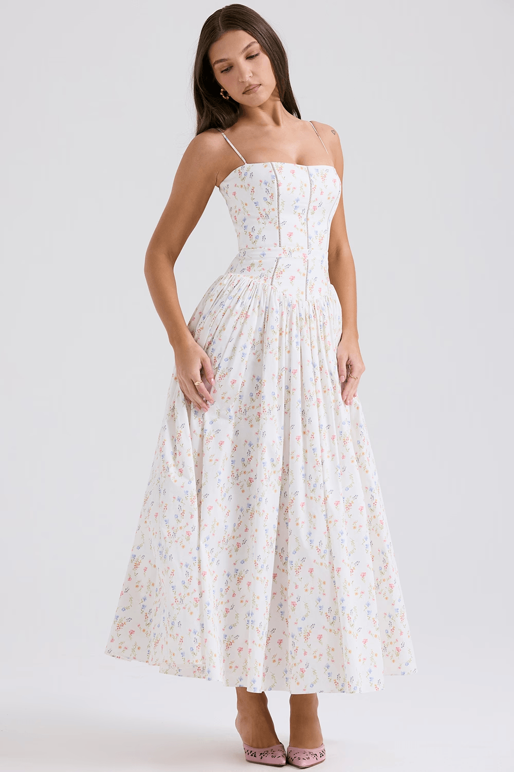 White Posy Print Cotton Maxi Sundress
