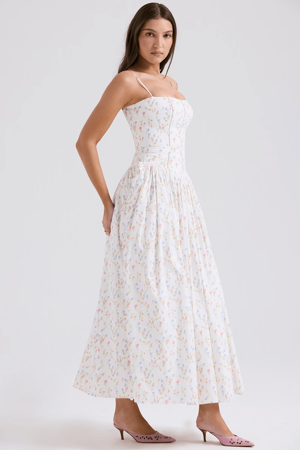 White Posy Print Cotton Maxi Sundress