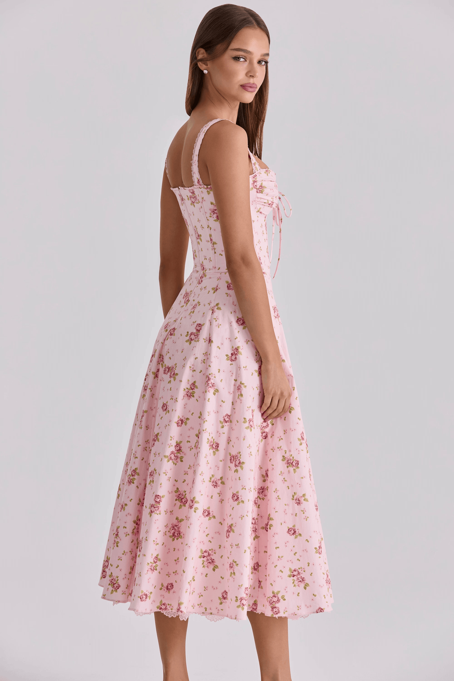 Vintage Rose Pink Floral Print Midi Dress