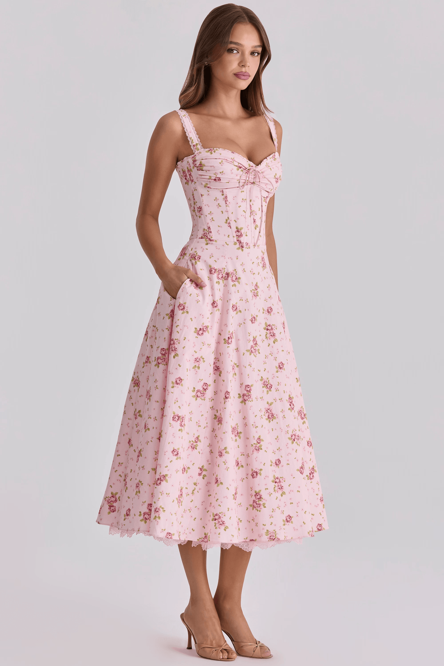 Vintage Rose Pink Floral Print Midi Dress