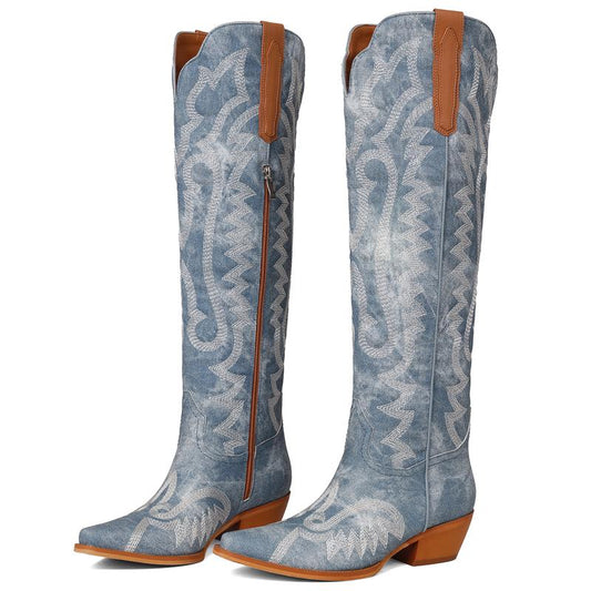 Piont-Toe Embroidered Western Cowgirl Chunky Heels Boots