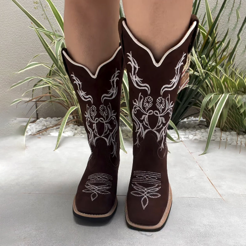 Embroidered Floral Square-Toe Boots