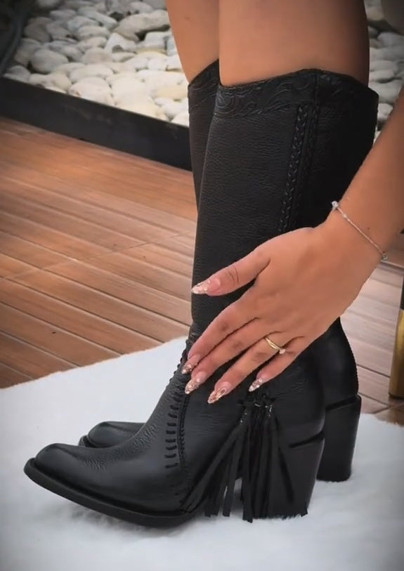 Hand-carved Floral Tassel High Boots