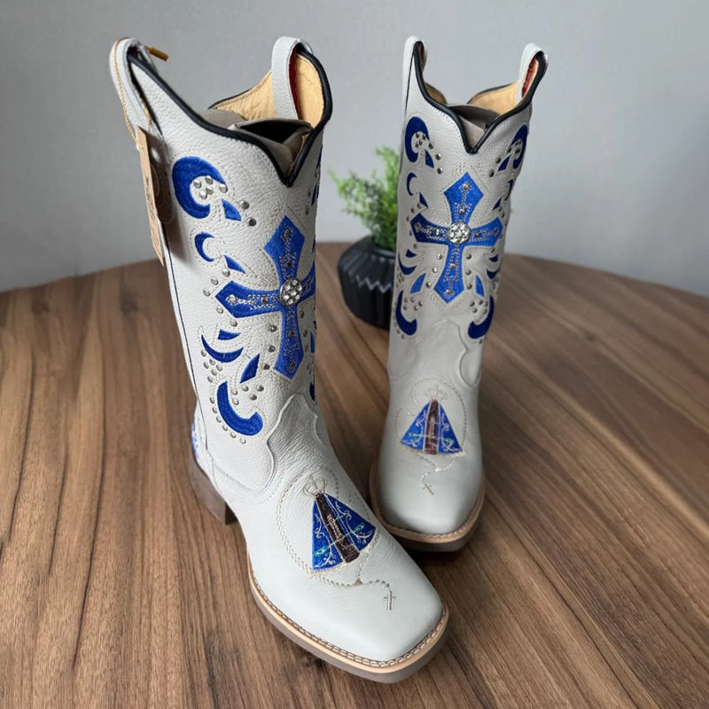 Embroidered Low-heel Square-toed Boots