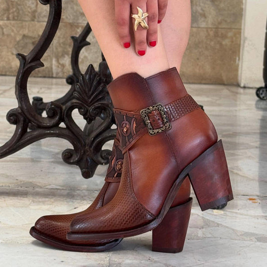 Vintage Western Cowboy Boots Side Buckle Detail Pointed Ankle Boots