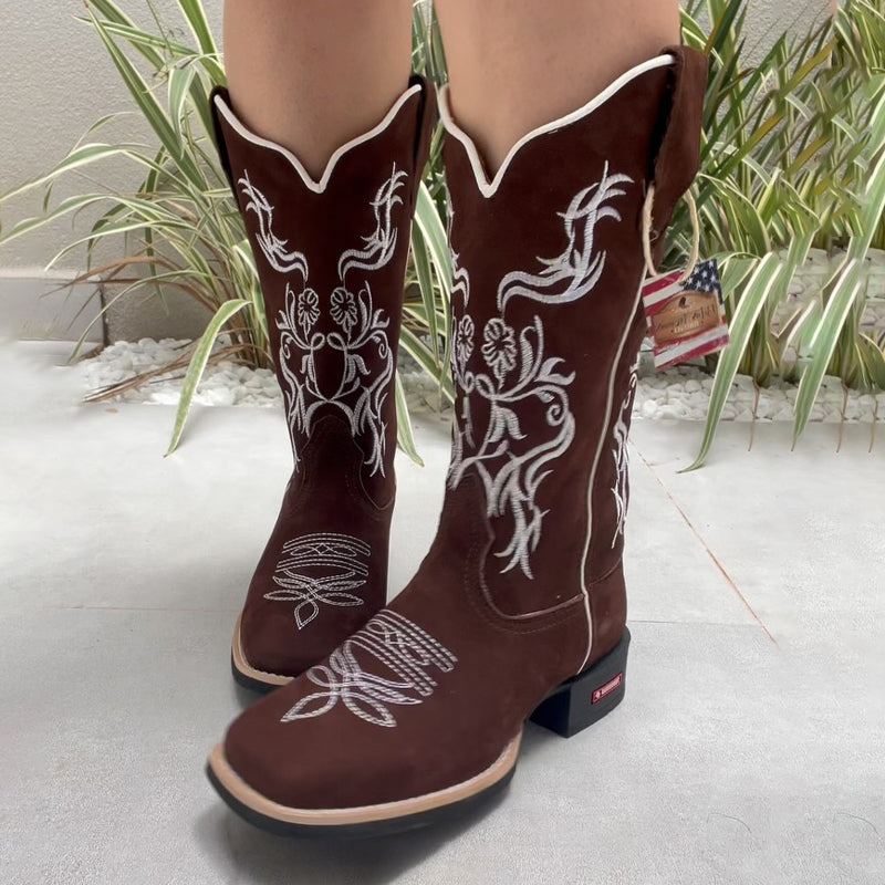 Embroidered Floral Square-Toe Boots