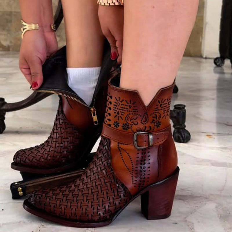 Buckle-Heel Hollow-Out Ankle Boots